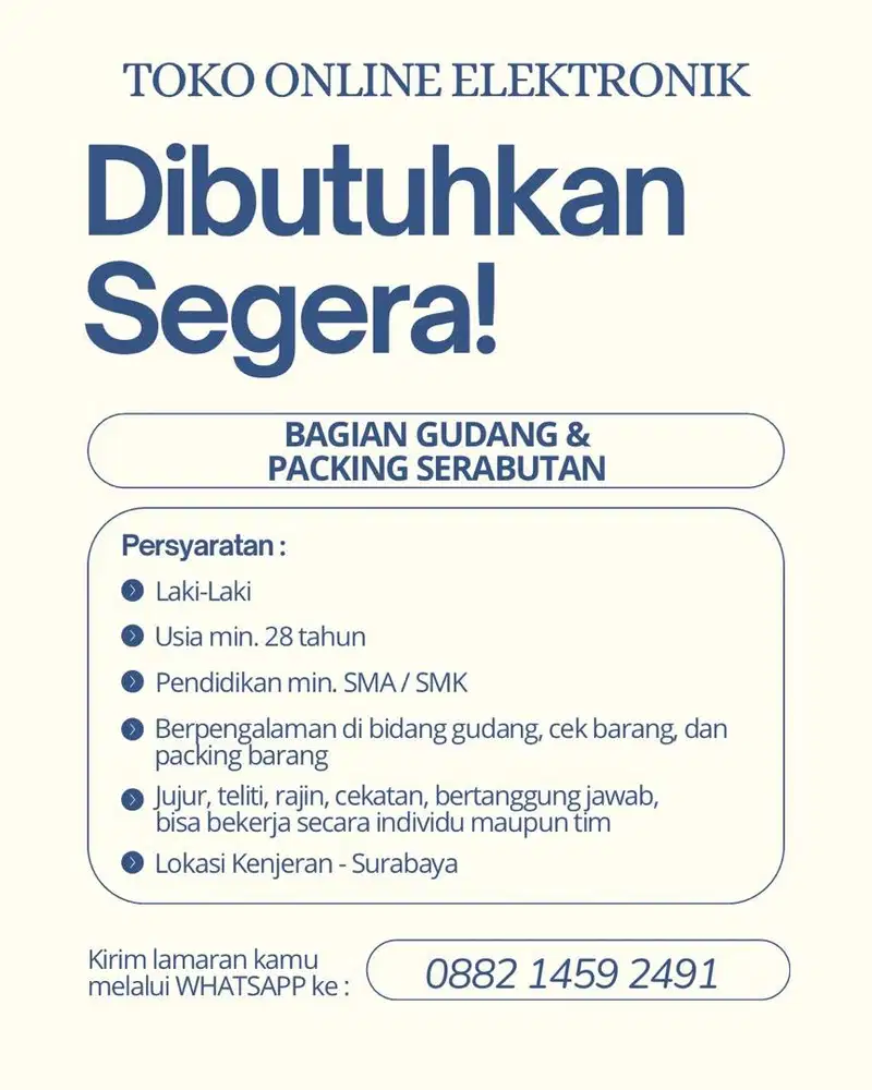 DIBUTUHKAN SEGERA BAGIAN GUDANG TOKO ELEKTRONIK