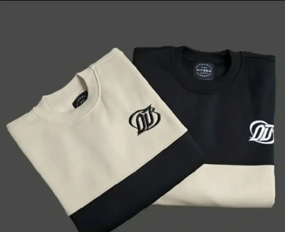 Crewneck couple two tone hitam cream bordir unisex s-xl