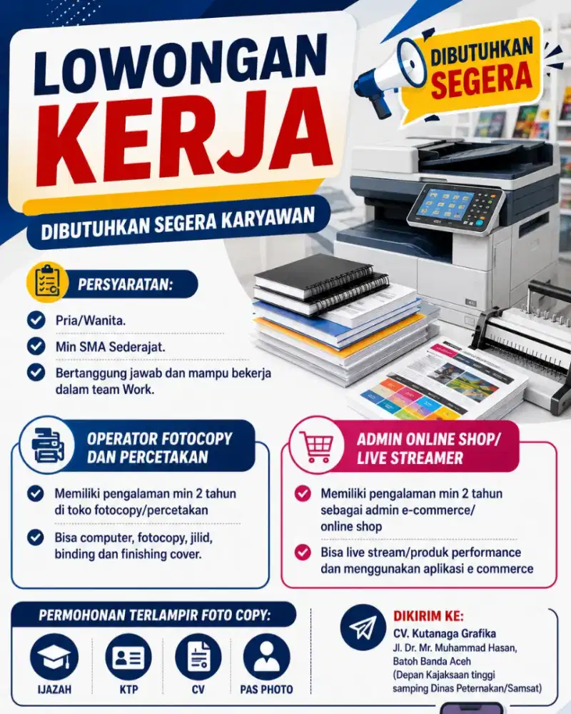 Lowongan Kerja Loker Operator Fotocopy Percetakan & Admin Online Shop
