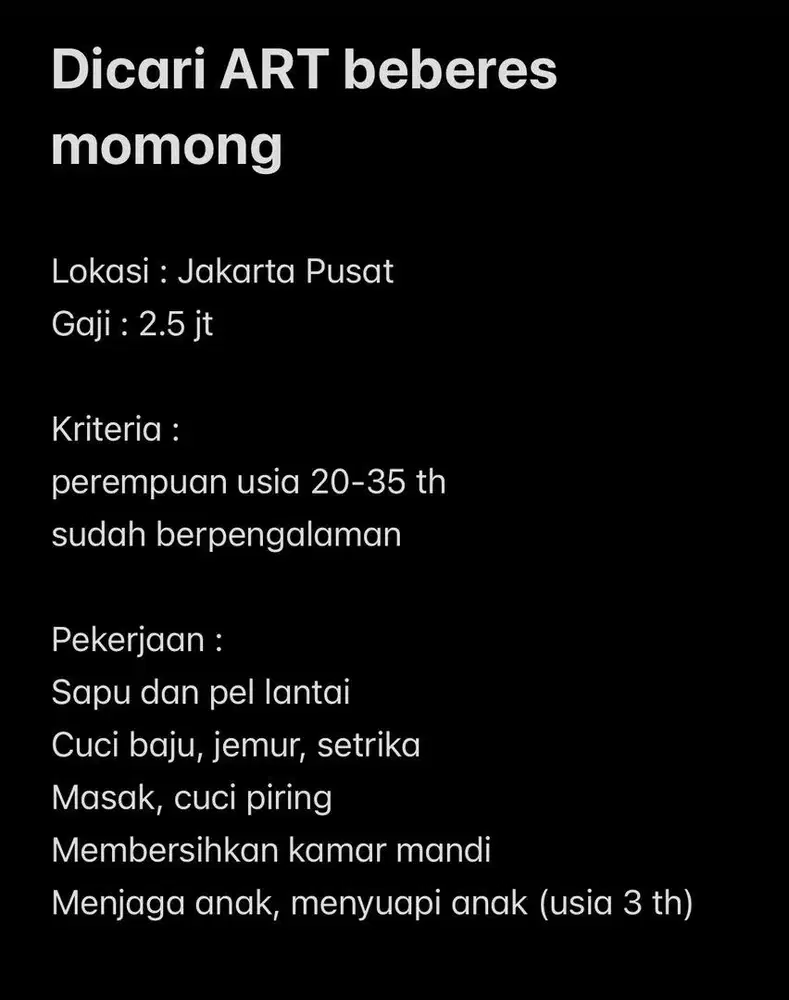 Lowongan ART beberes momong