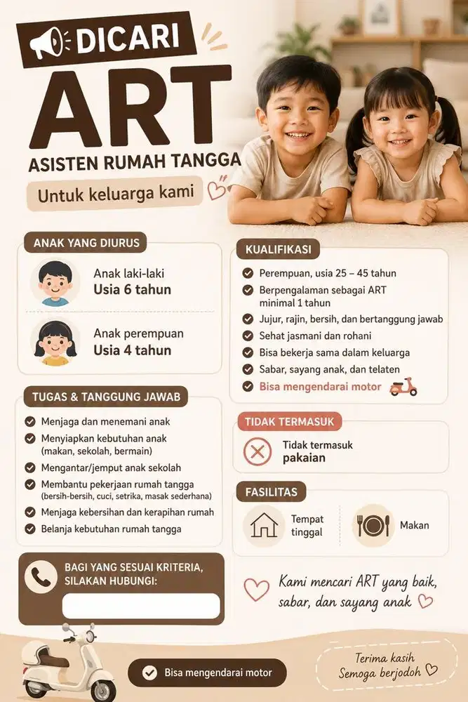 Dicari ART - Momong Anak dan Bebersih