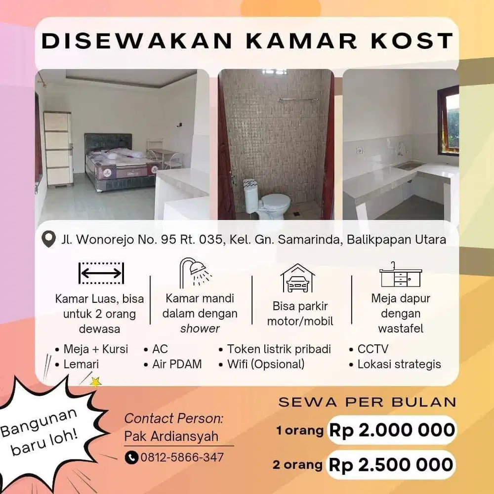 Tersedia Kostan Kamar Mandi dalam lengkap