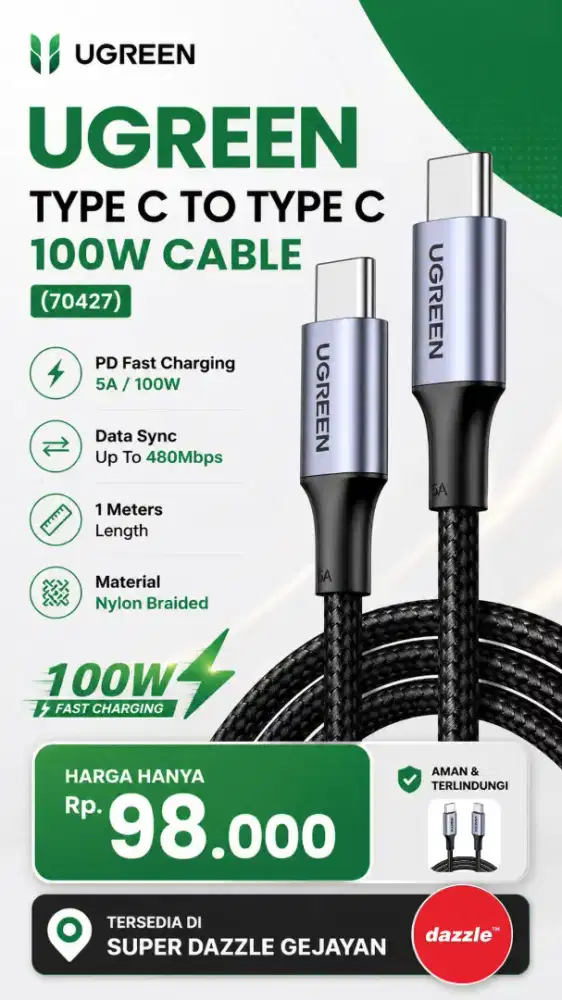 UGREEN TYPE C TO TYPE C CABLE 100W (70427)
