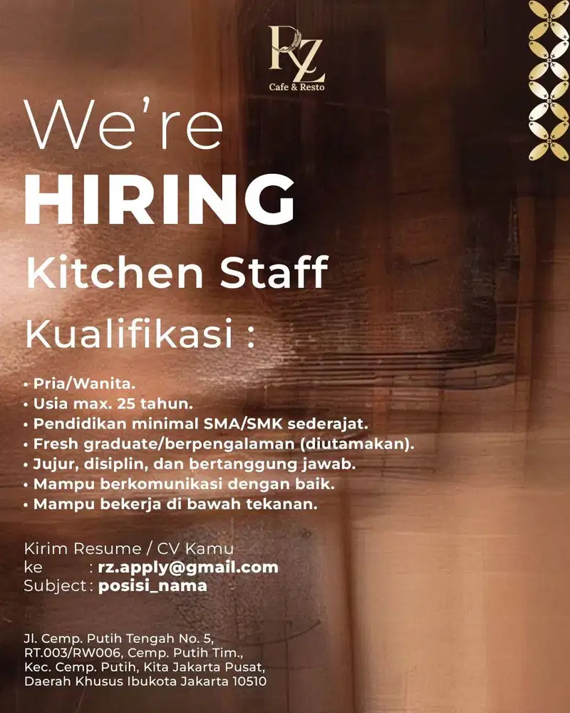 LOWONGAN RZ CAFE & RESTO ( KITCHEN.WAITERS,CASHIER)
