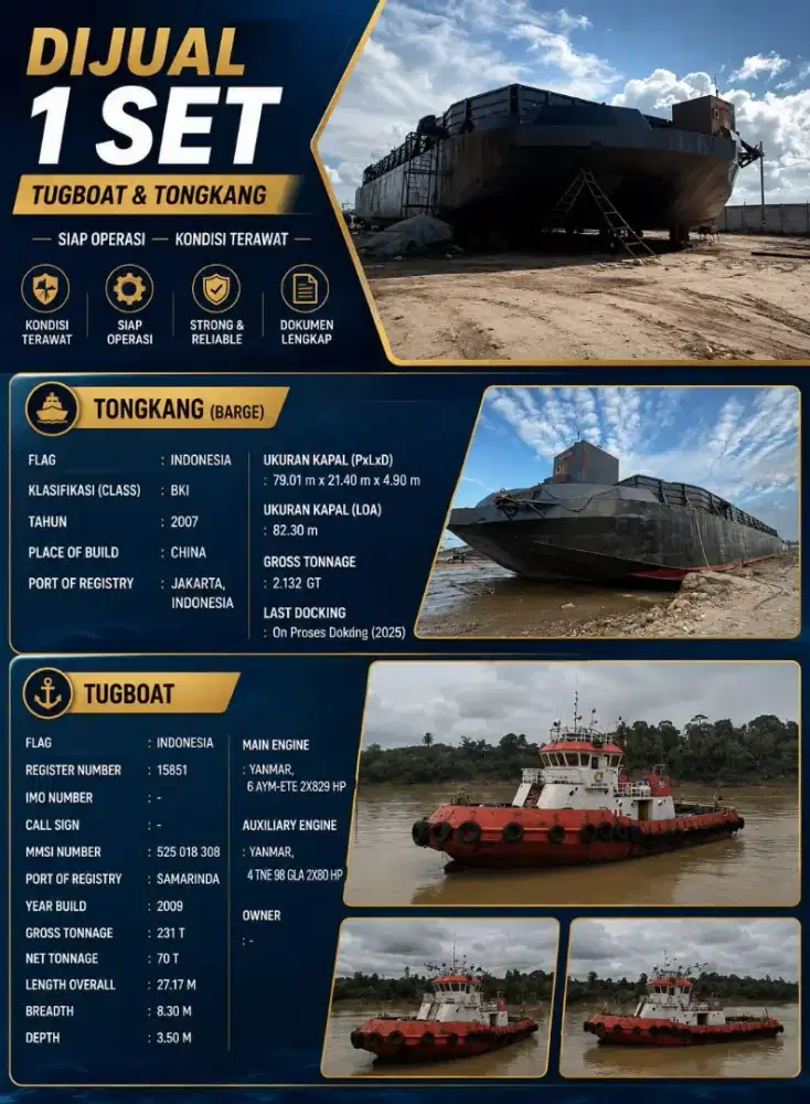 Di jual Tugboat & tongkang 270 feet tahun 2009 - 2007