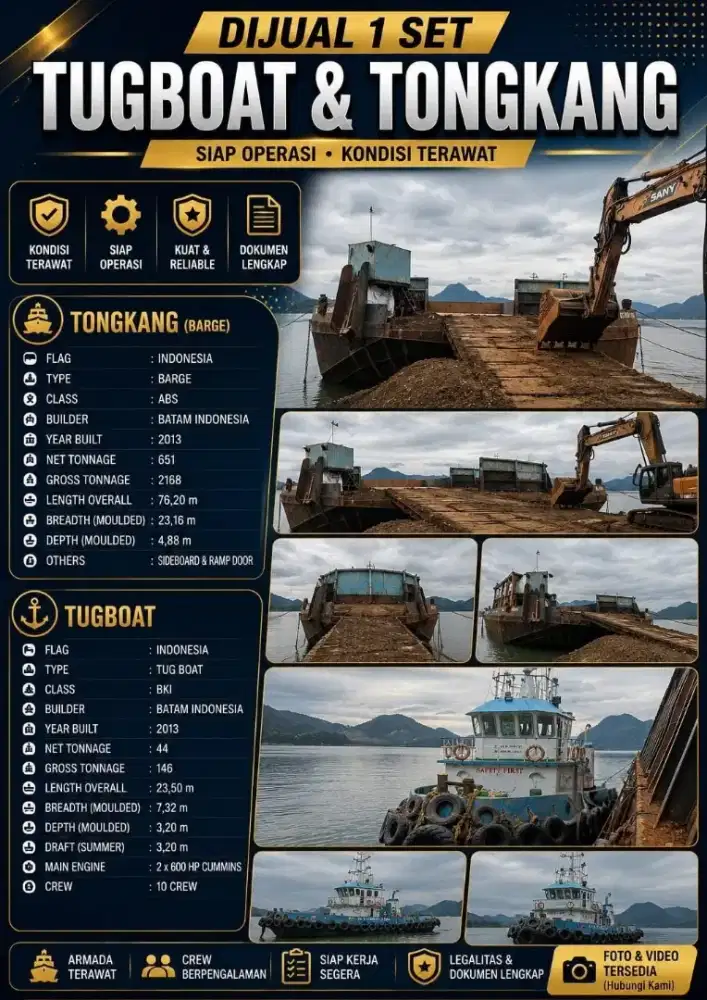 Di jual Tugboat & tongkang 250 feet jumbo tahun 2013 - 2013