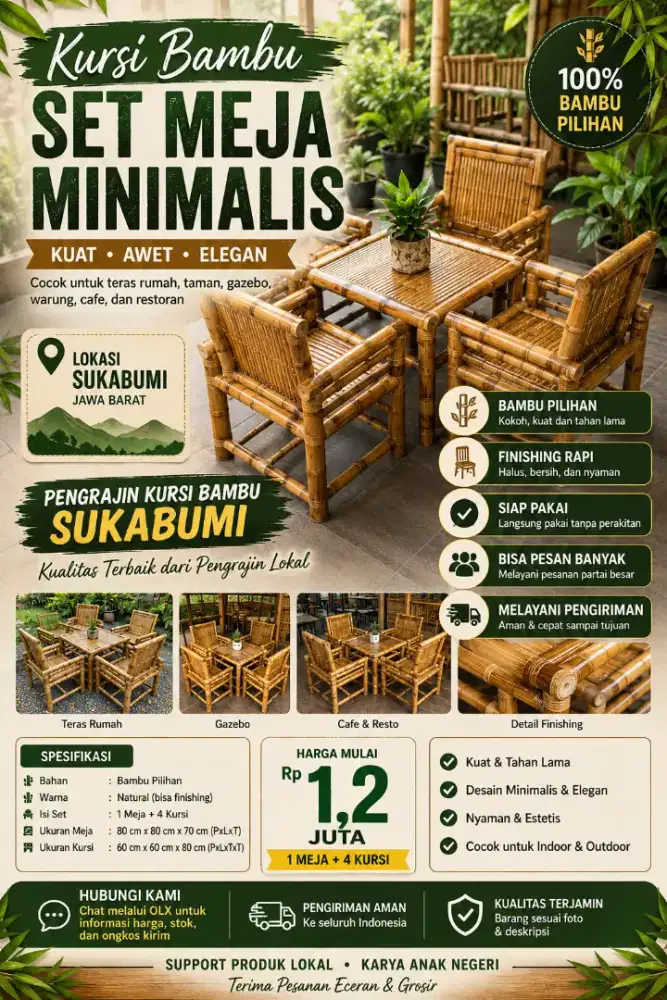 Kursi Bambu Teras Minimalis Handmade Kuat untuk Cafe dan Rumah