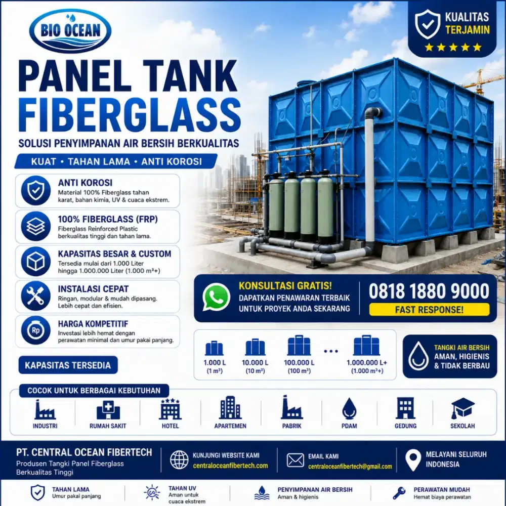 Panel Tank Fiberglass OCEAN - Tangki Air Kotak FRP Custom & Bergaransi