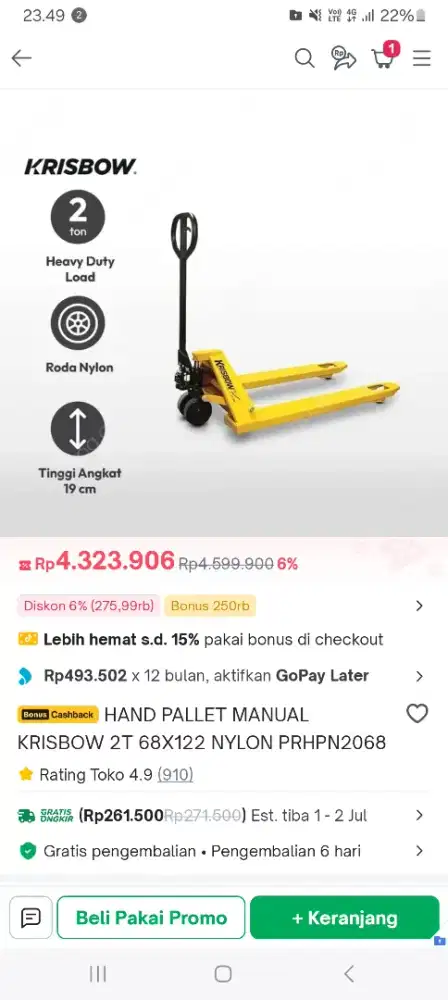 Krisbow Hand Pallet manual dengan model PRHPN2068