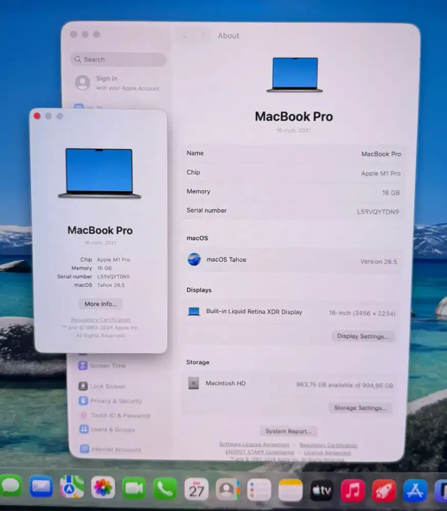Macbook M1 Pro 16 Inch Ram 16 Ssd 1 Tb  lengkap full set Space Grey