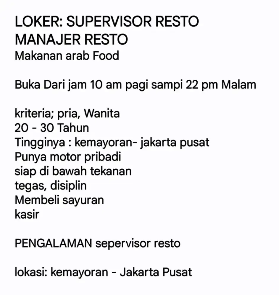 SUPERVISOR RESTO 
MANAJER RESTO