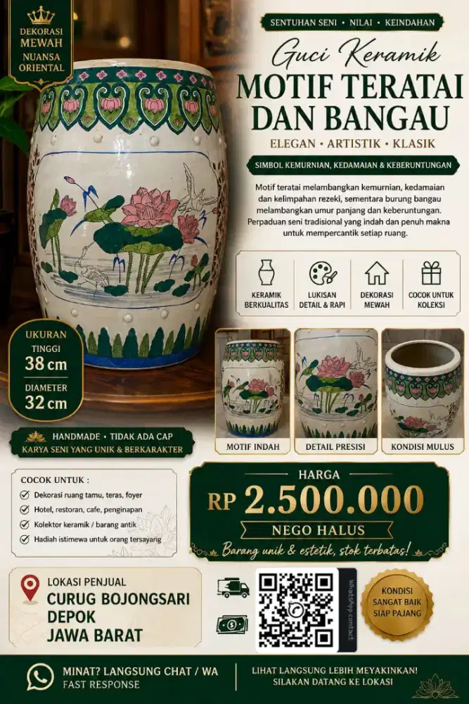 Guci Keramik Motif Teratai & Bangau – Elegan dan Artistik