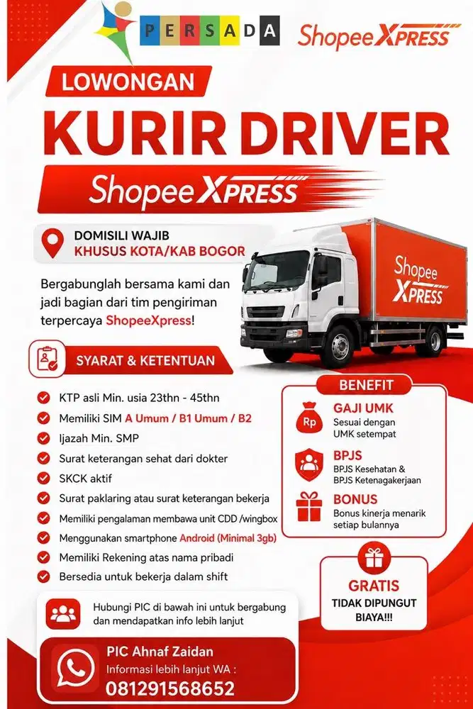 Driver Kurir ShopeeXpress | SIM A umum B1 umum B2 umum, Domisili Bogor