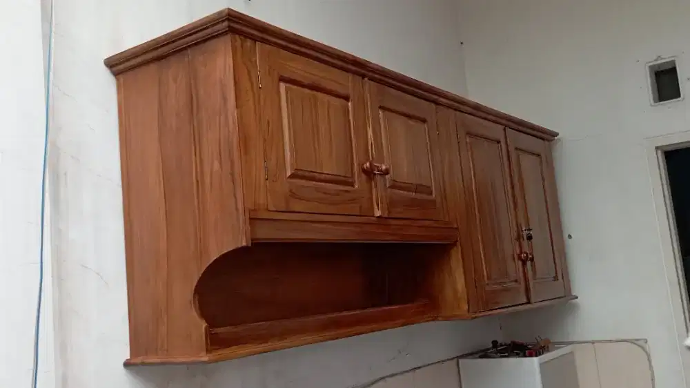 Kitchen Set Kayu Jati 2 Meter Motif Minimalis Finishing Natural Alusan