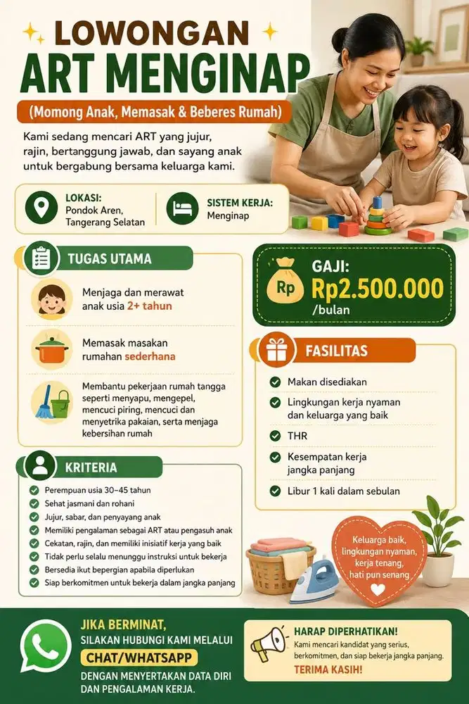 Dibutuhkan ART – Momong, Masak, Beberes Rumah
