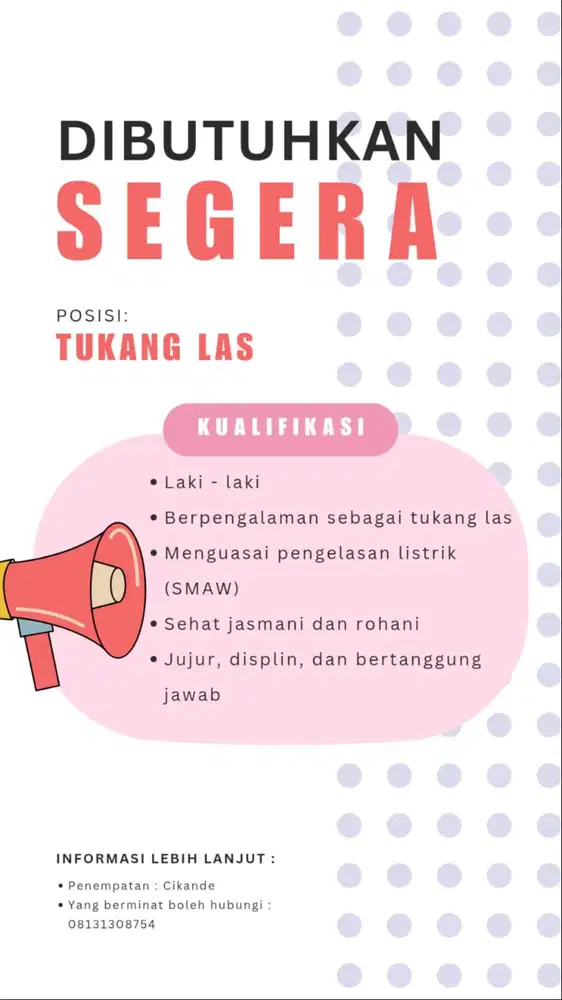 DIBUTUHKAN SEGERA TUKANG LAS