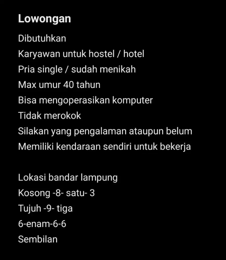 Dibutuhkan pria untuk kerja di hostel