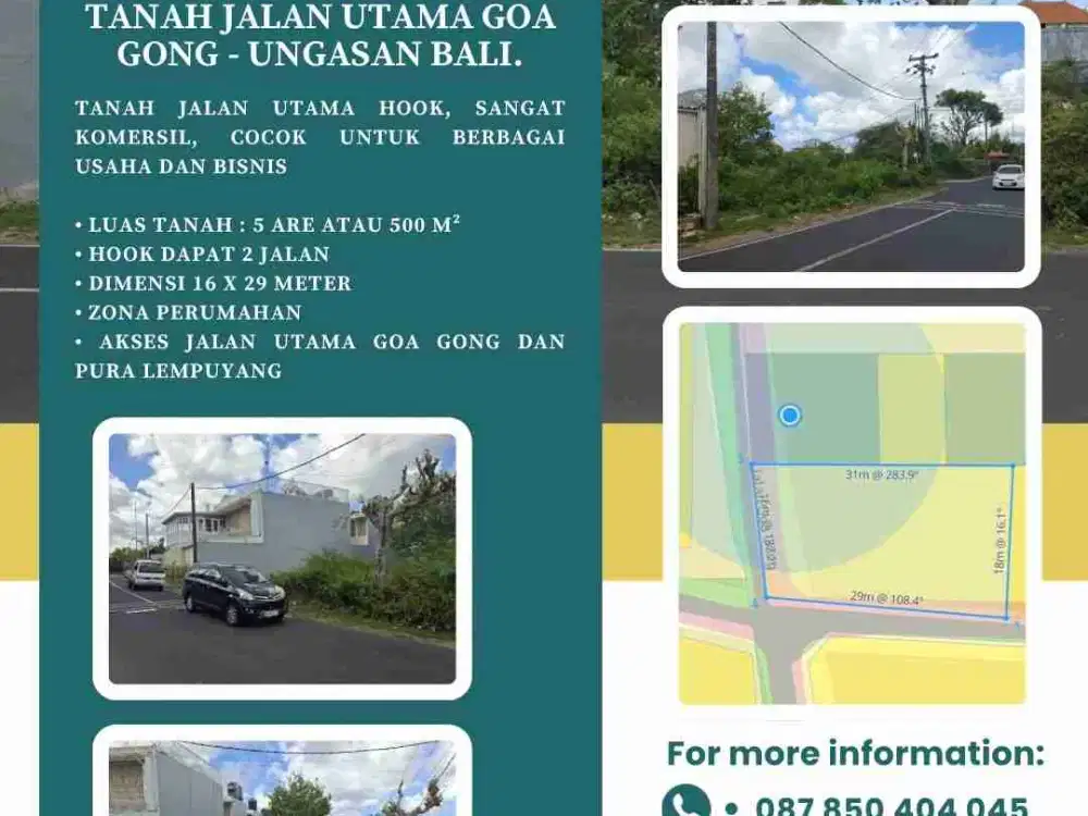 DIJUAL / DISEWAKAN TANAH JALAN UTAMA GOA GONG - UNGASAN BALI.