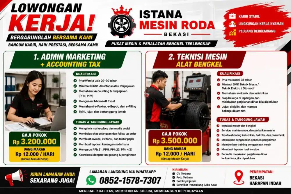 Lowongan Admin marketing Tax Accounting dan Teknisi Mesin