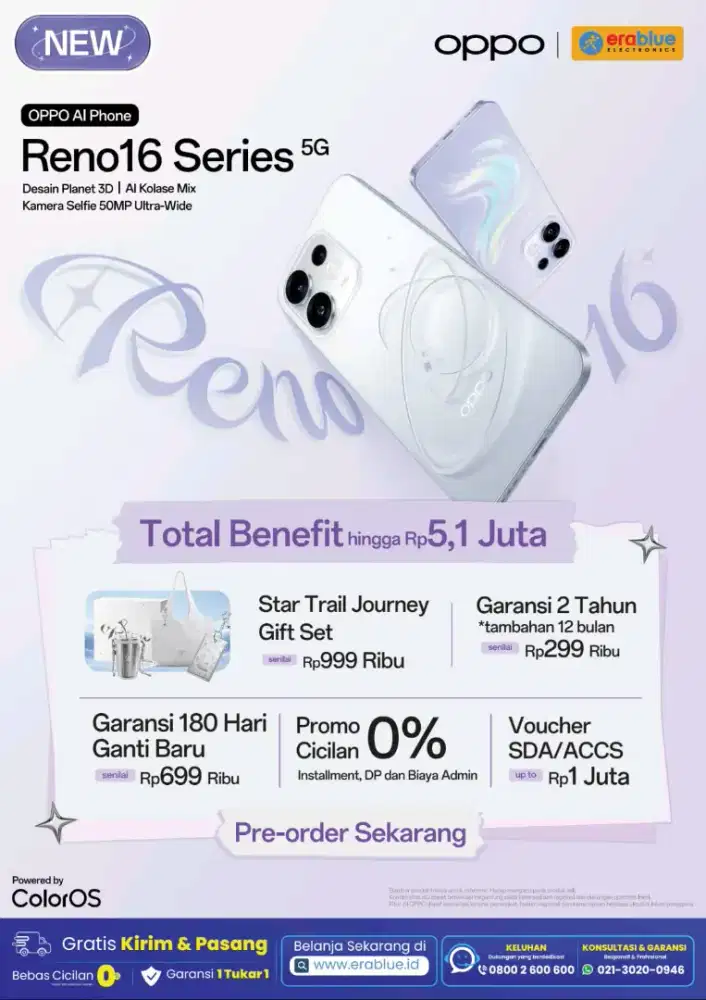 PRE-ORDER Resmi OPPO Reno 16F 5G - Erablue Rawa Bebek