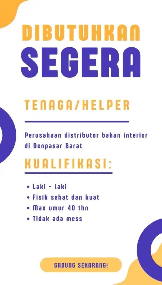 Lowongan Kerja sebagai Tenaga Helper Gudang di Denpasar barat