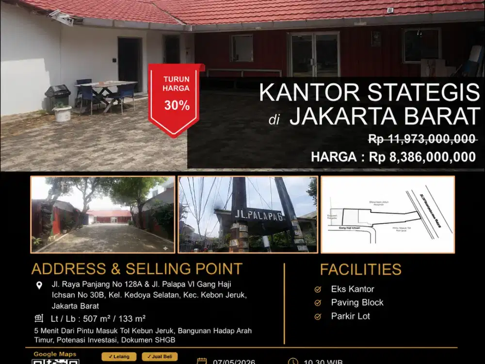 Dijual Eks Kantor Lelang Kebon Jeruk — LT 507 m², Harga 8,386 M, Peluang Komersial Menarik!