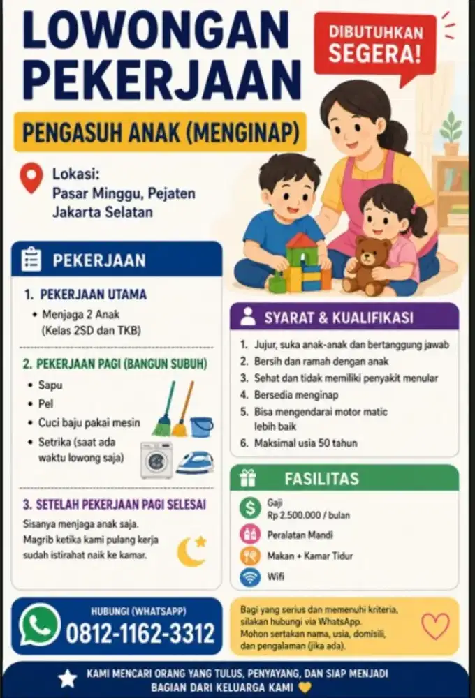 Dibutuhkan ART Menginap - Pasar Minggu - Pejaten - Dibutuhkan Segera