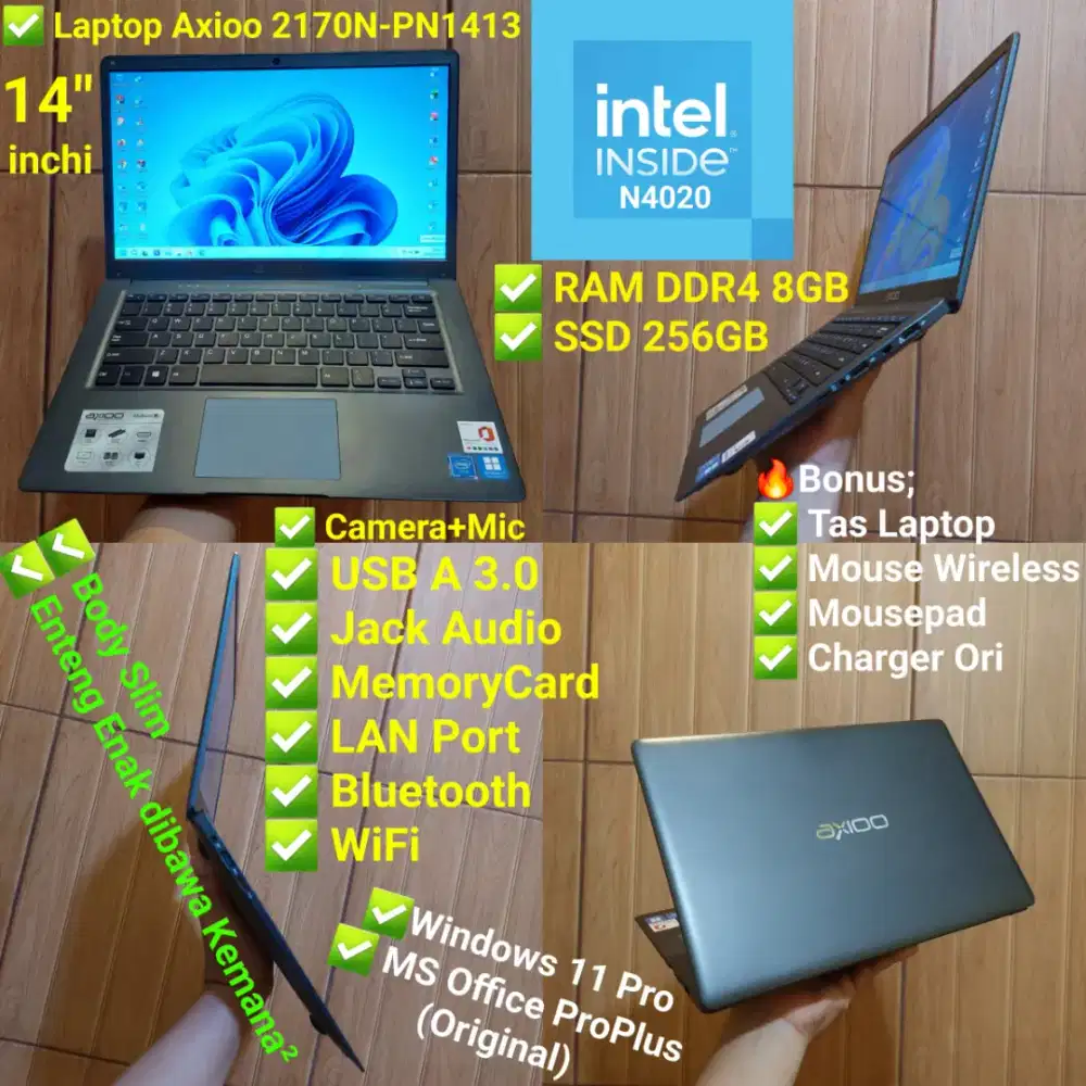 Laptop Axioo N4020 RAM 8GB SSD 256GB 14in Murah Tangguh