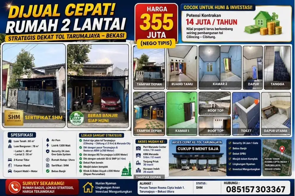 Jual cpt rmh 2 lt, 5 menit ke tol tarumajya marunda city & Dekat Jakut
