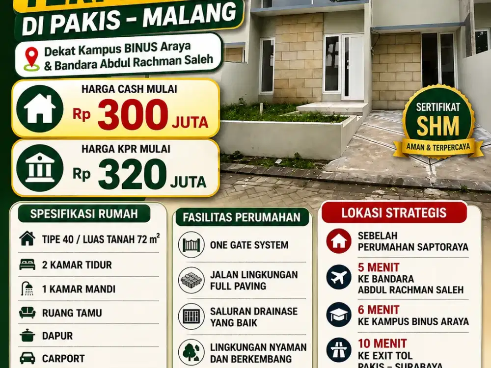 PROMO TERMURAH DI PAKIS DEKAT KAMPUS BINUS, DEKAT BANDARA, KOTA MALANG
