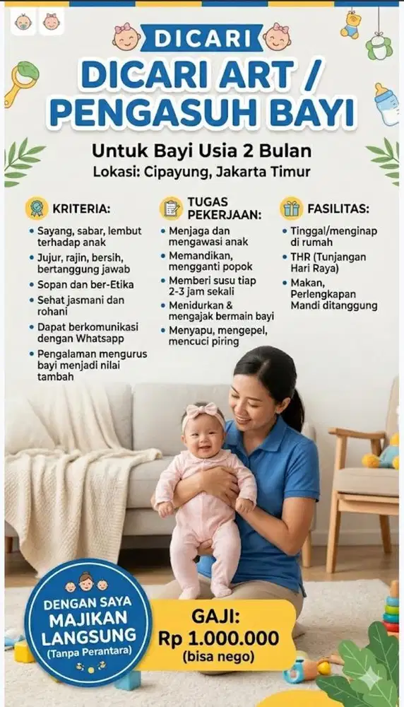 Lowongan pekerjaan ART / Pengasuh Bayi 2 bulan