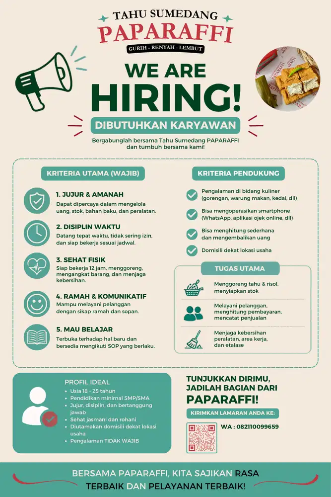 Dibutuhkan Karyawan / Crew Outlet Tahu Sumedang PAPARAFFI (Mess Tersed