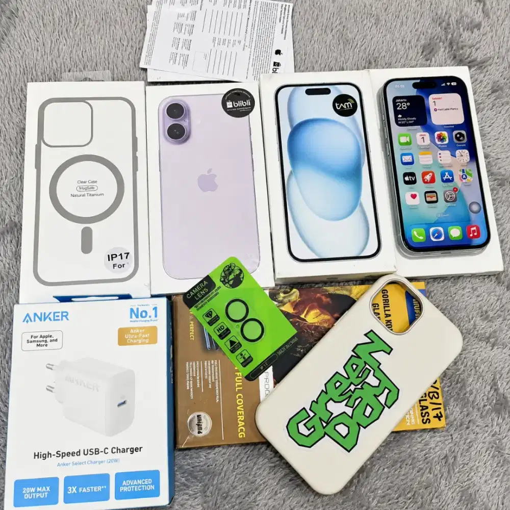 iPhone 15 Blue 128GB & iPhone 17 Basic Lavender 256GB Garansi Resmi