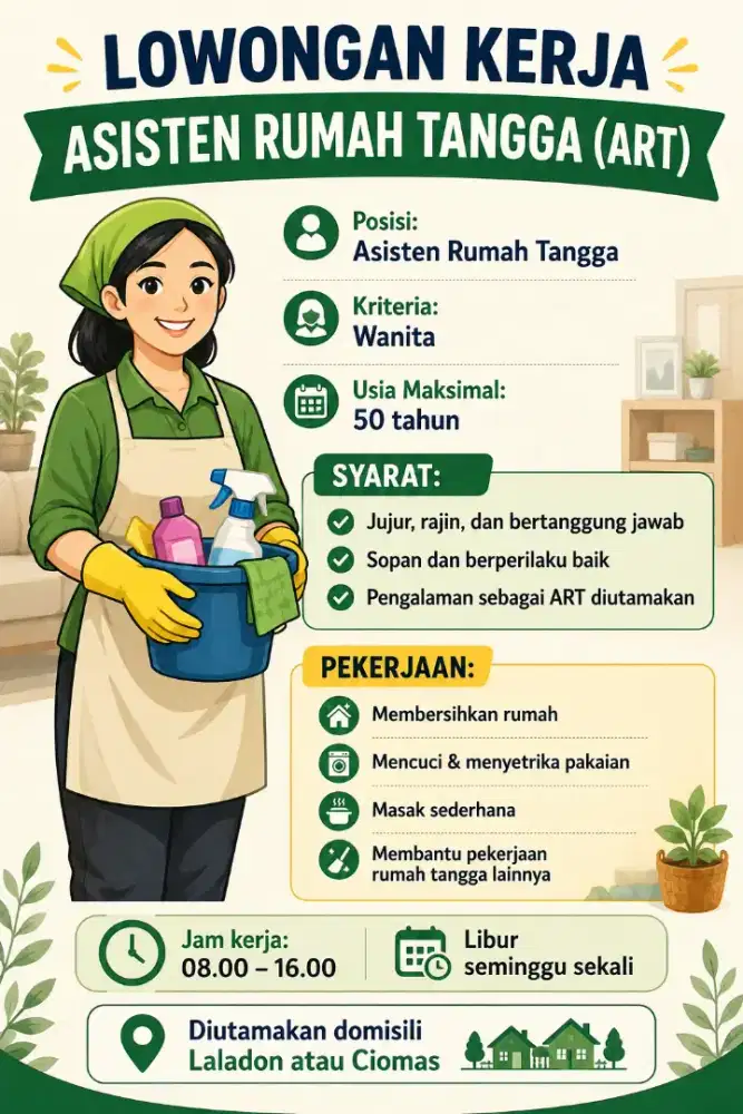 LOWONGAN KERJA
ASISTEN RUMAH TANGGA (ART)