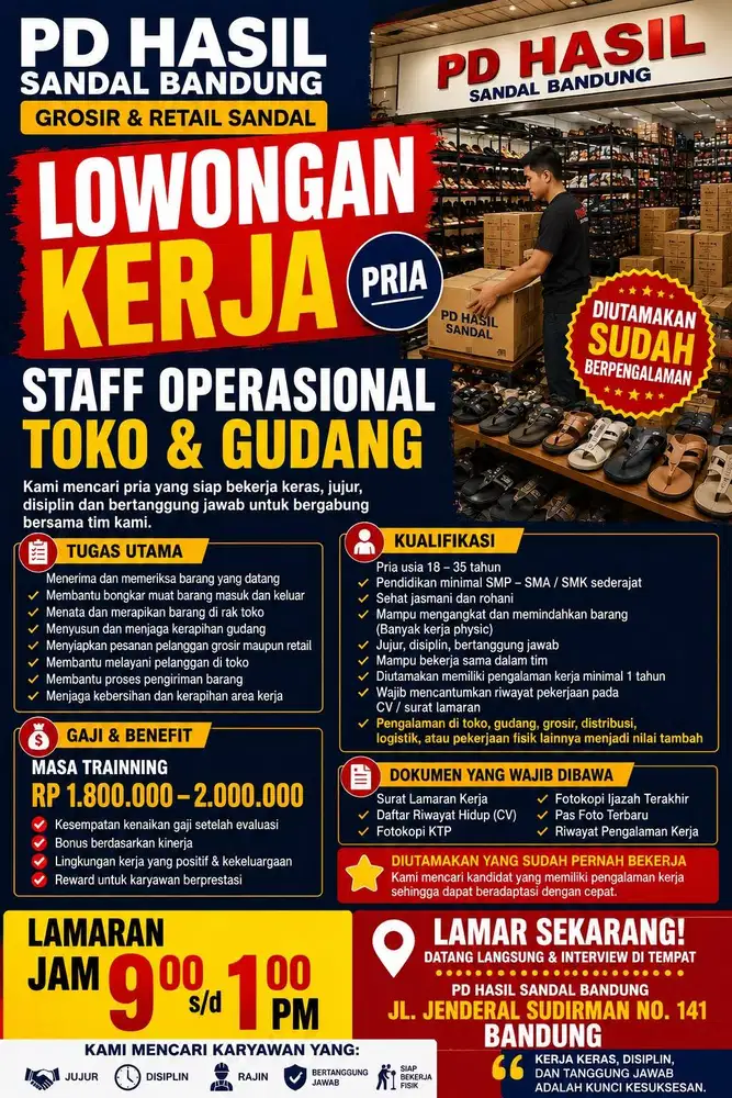 Dibutuhkan Karyawan PD HASIL TOKO SANDAL ( Pria )
