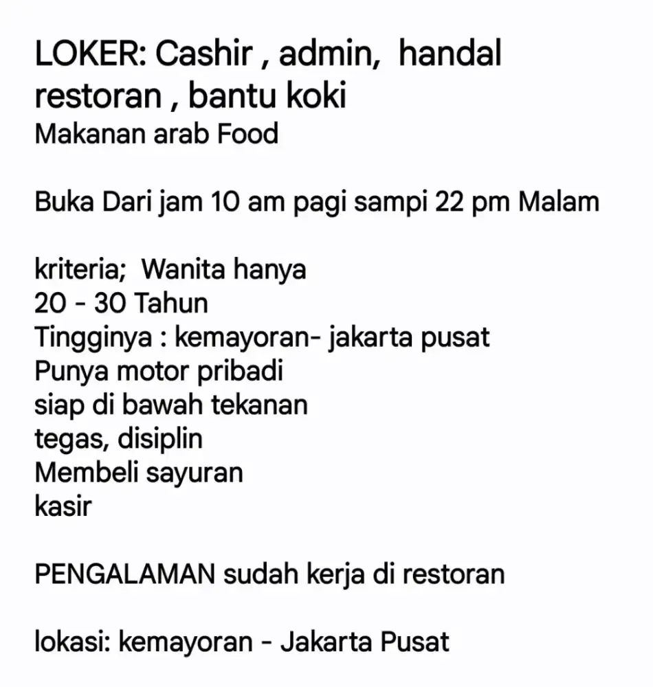 Cashir , admin,  handal restoran , bantu koki