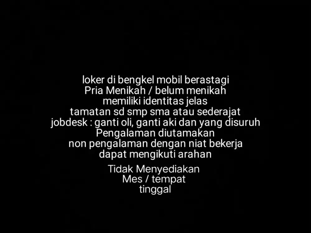Lowongan kerja pria di bengkel berastagi