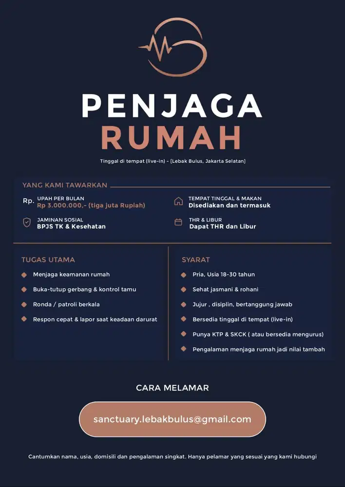 DIBUTUHKAN ORANG UNTUK SEBAGAI PENJAGA RUMAH (TINGGAL DI DALAM)