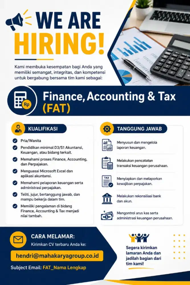 Lowongan Kerja Finance, Accounting an Tax