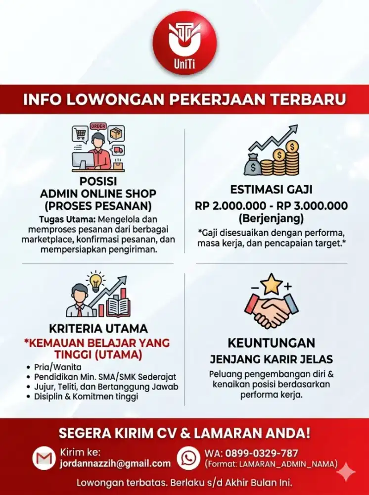 DIBUTUHKAN SEGERA: ADMIN ONLINE SHOP (FOKUS PROSES PESANAN)