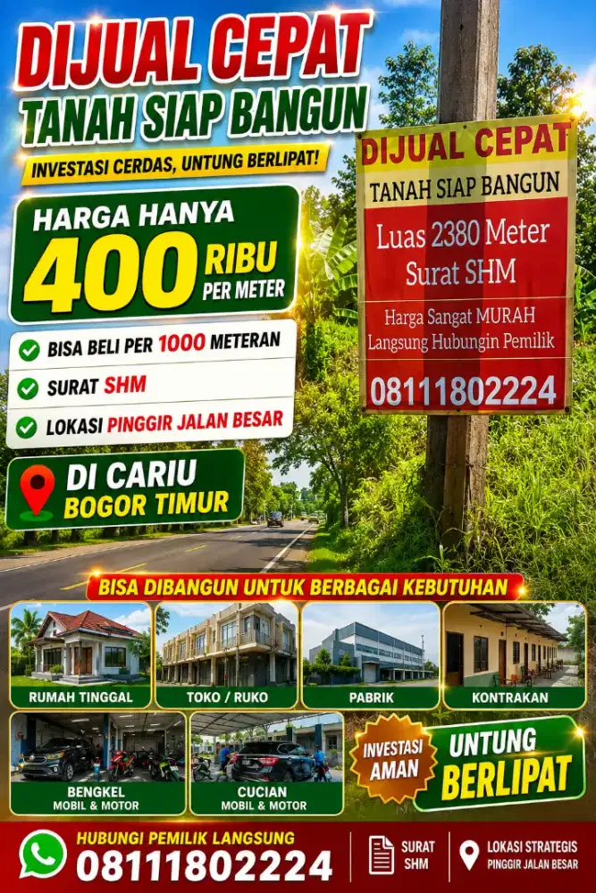 TANAH SHM JUAL CEPAT ( BU ) SHM 400 Ribu PerMeter PINGGIR JALAN 2380 M