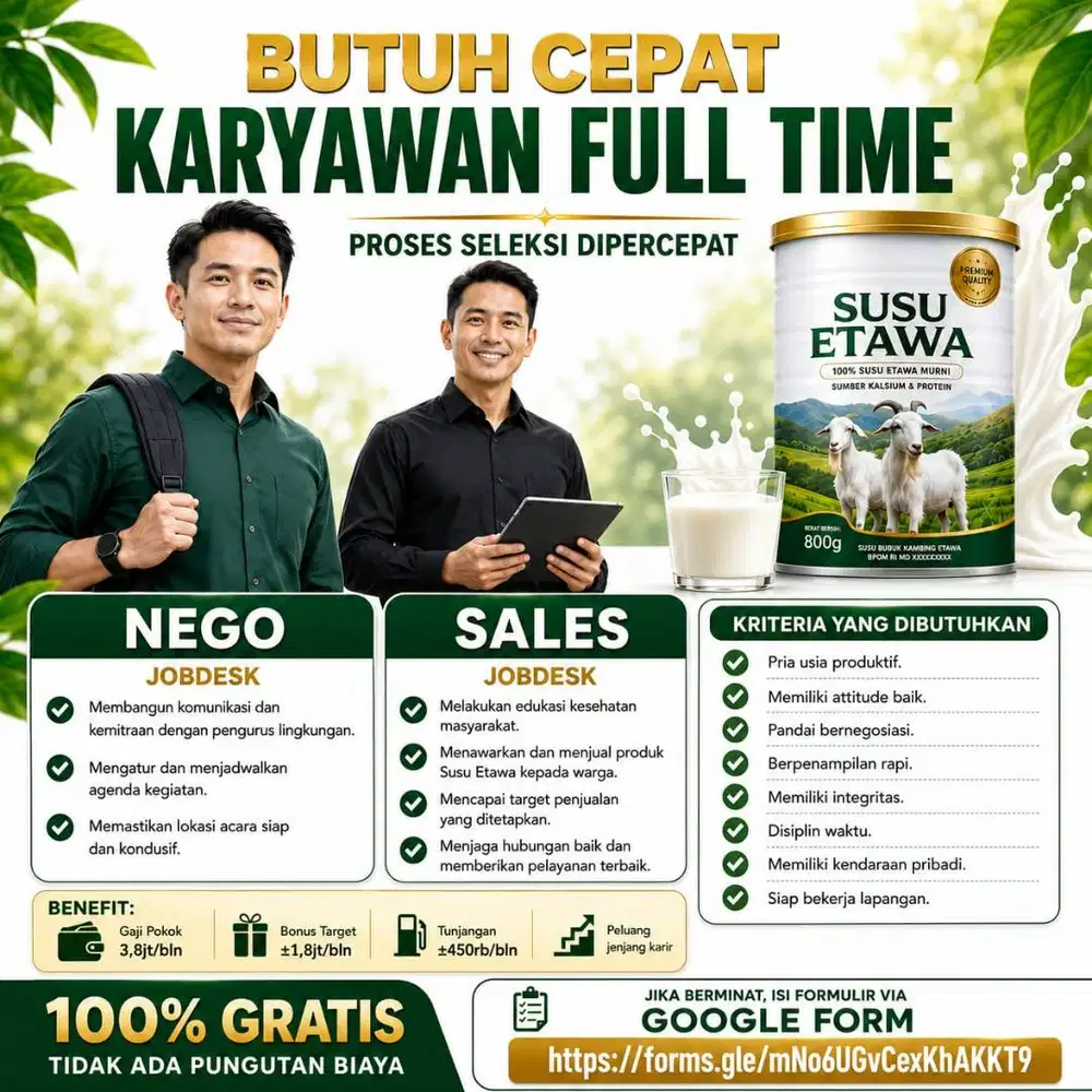 Lowongan Kerja Full Time - Posisi Nego & Sales (Proses Cepat)