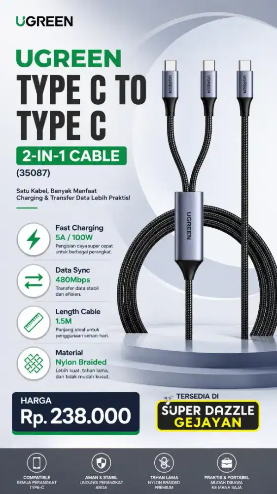 UGREEN TYPE C 2-IN-1 CABLE 100W (35087)