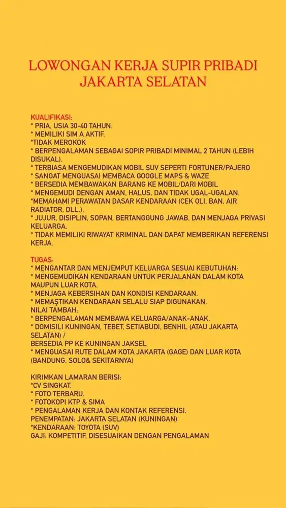 LOKER SUPIR DRIVER PRIBADI JUJUR