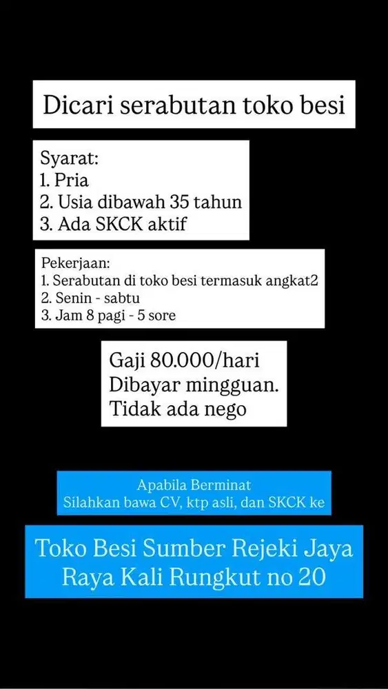 Lowongan Serabutan di Toko Besi