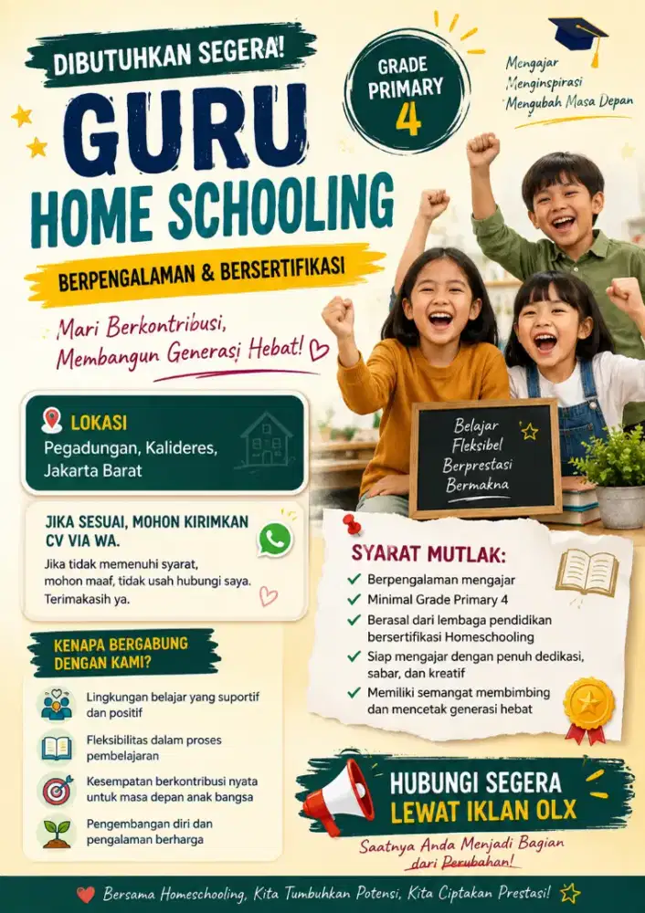 DIBUTUHKAN SEGERA GURU HOMESCHOOLING DARI LEMBAGA PENDIDIKAN KELAS 4SD