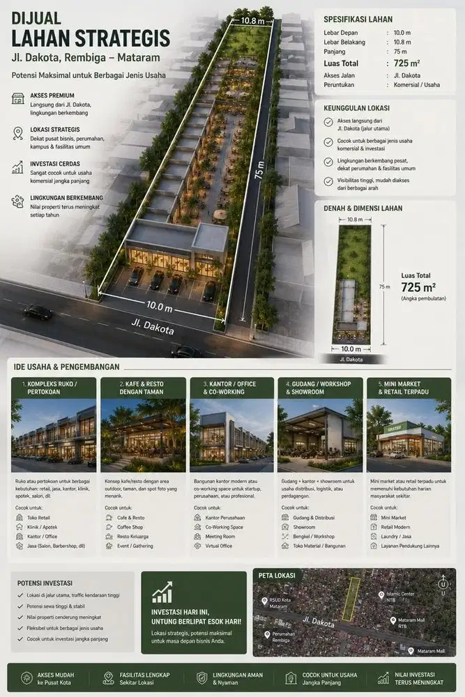 Dijual Tanah 7,25 Are Jl Dakota Rembiga, Pusat Bisnis Traffic Tinggi