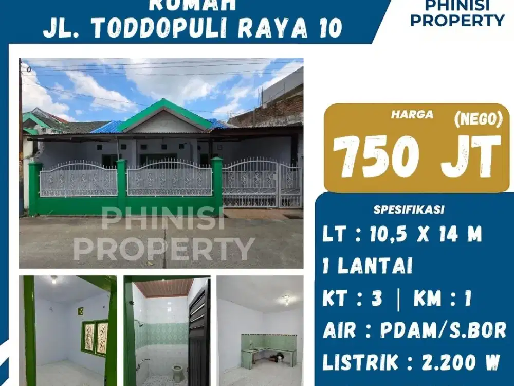 Dijual Rumah Luas Jalan Toddopuli 10 dekat Panakkukang