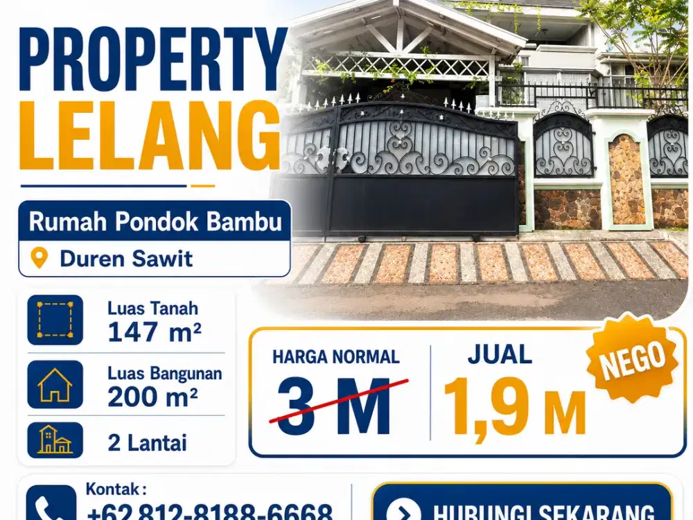 Dijual Rumah Lelang Pondok Bambu 147 m² 2Lantai — Jual Hanya 1,9 M, Selisih Besar dari Pembanding Nego