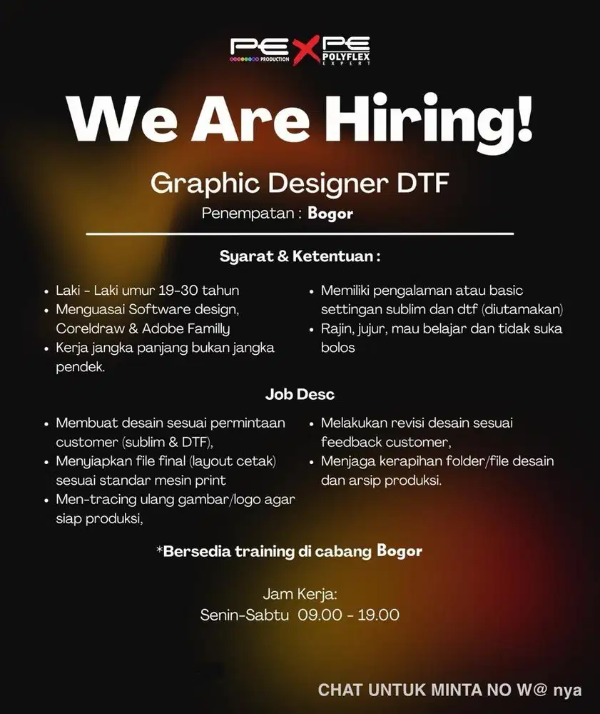 LOWONGAN LAKI LAKI BAGIAN DESIGN OPERATOR MESIN DTF DAERAH BOGOR